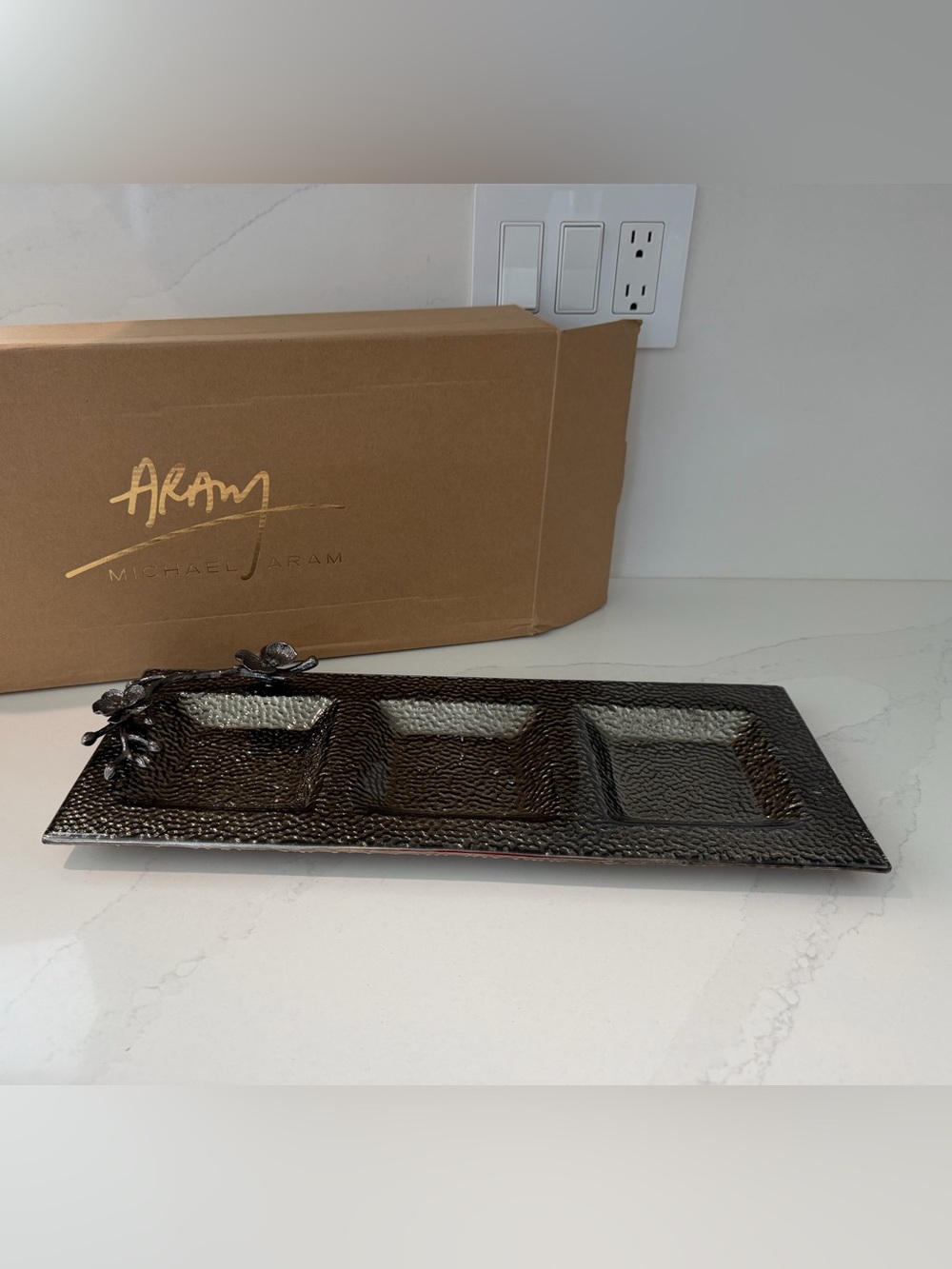 Michael Aram Black Hammered Triple Compartment Tray with Floral Accent